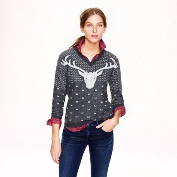 J.CREW factory intarsia reindeer size xs merino wool blend EUC grey - Picture 6 of 6